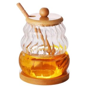 Glass Honey Dispenser Jar with Wide Mouth and Holder - Pack of 5