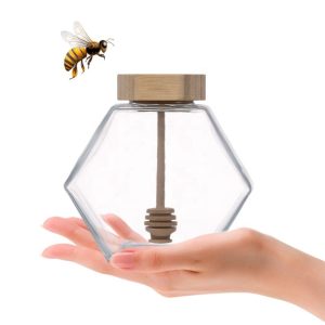 Hexagonal Glass Honey Jar with Wooden Dipper - Pack of 5