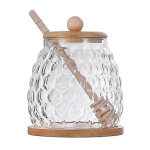 Glass Honey Jar with Dipper and Lid for Table - Pack of 2